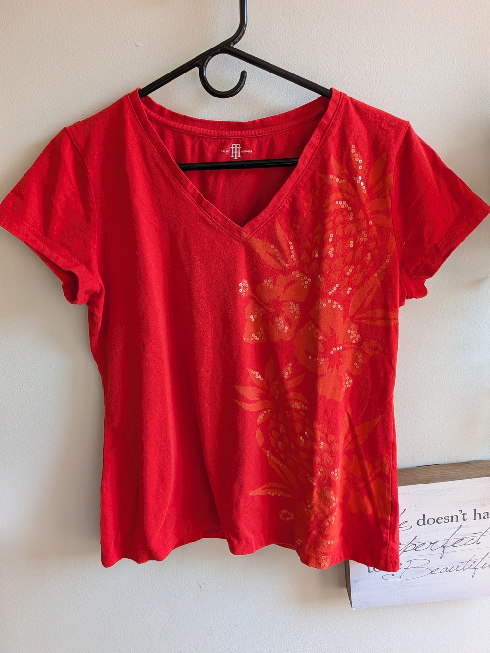 Tommy Hilfiger Y2K Red V-Neck Tee with Orange Floral Detail